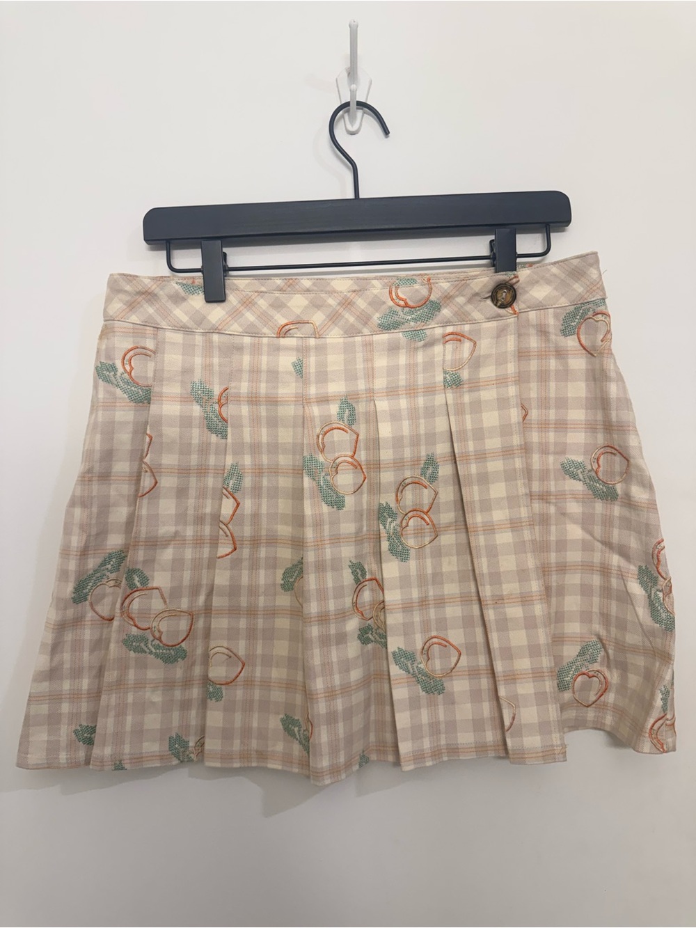 Urban Outfitters Beige Plaid Mini Skirt with Peach Embroidery